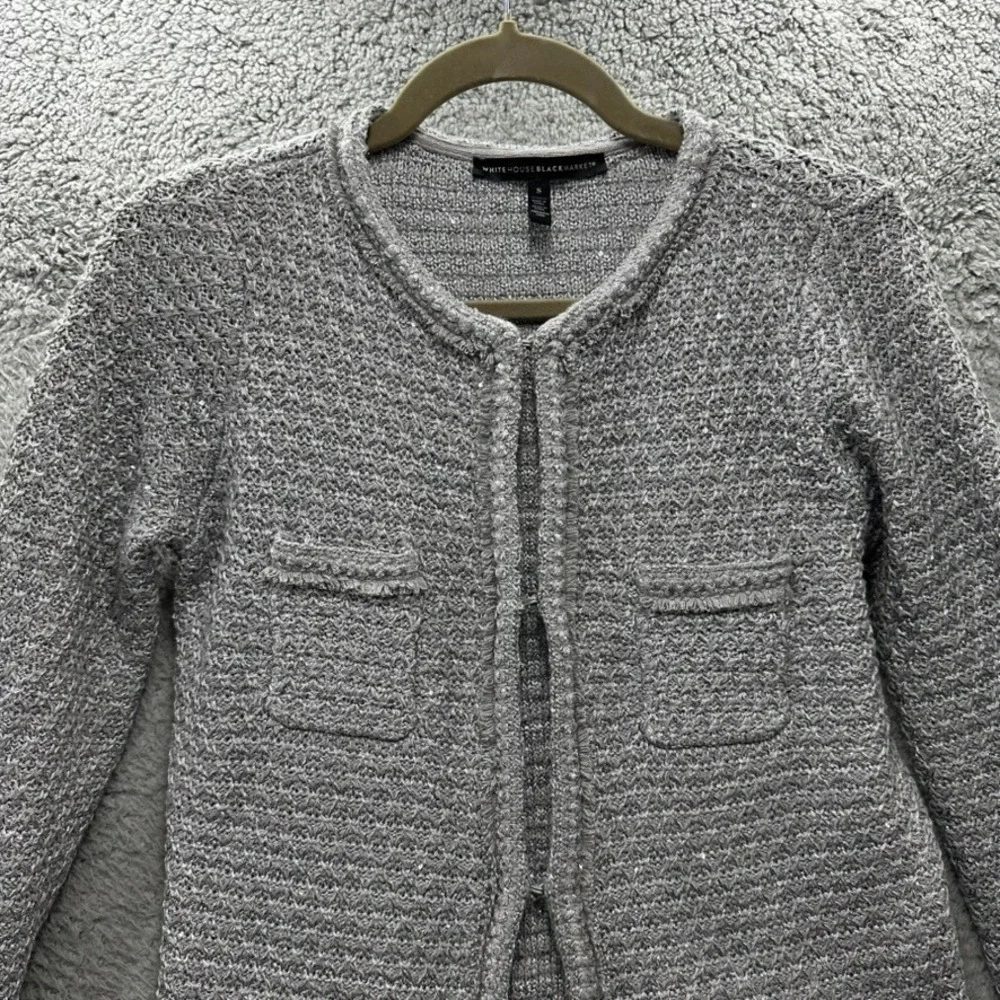 White House Black Market Women's Small Silver Metallic Fringe Knit Cardigan EUC